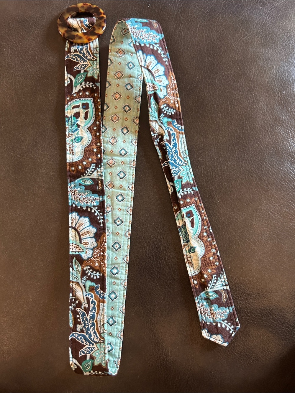 Vera Bradley Brown & Turquoise Printed Fabric Belt with Tortoiseshell Ring